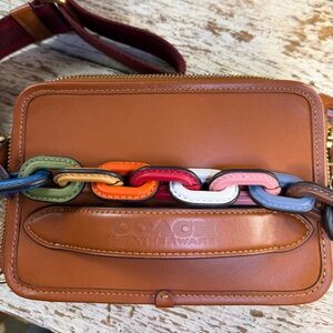 Coach Brown Leather Crossbody Bag with Multicolor Chain